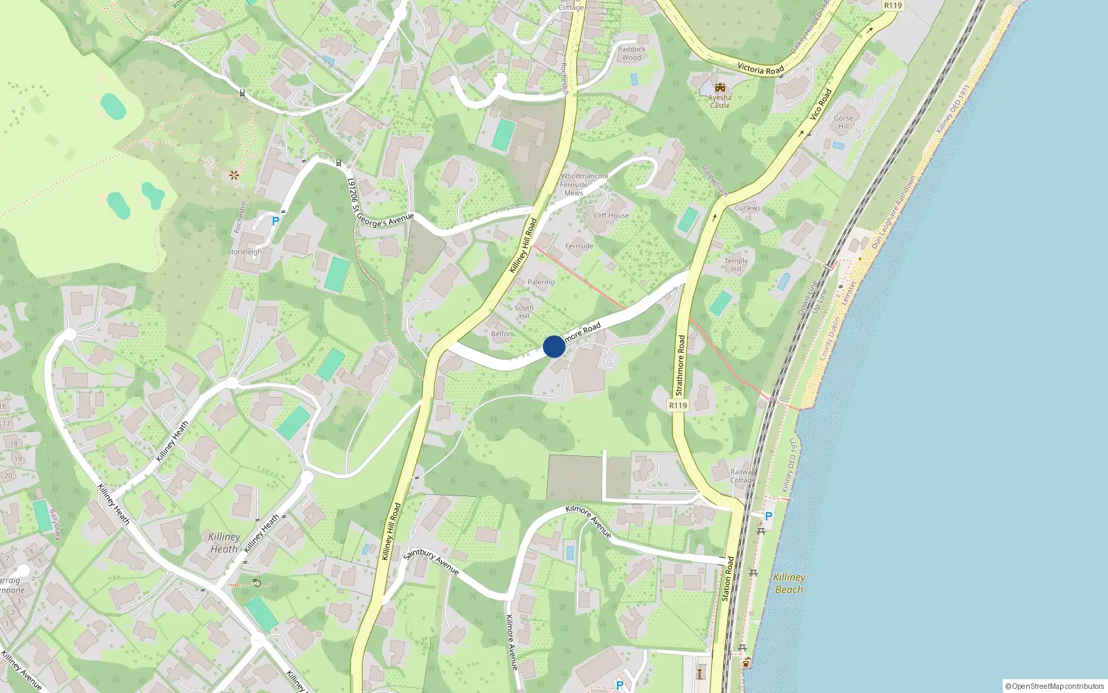 Overhead map showing the location of Strathmore Road, Killiney