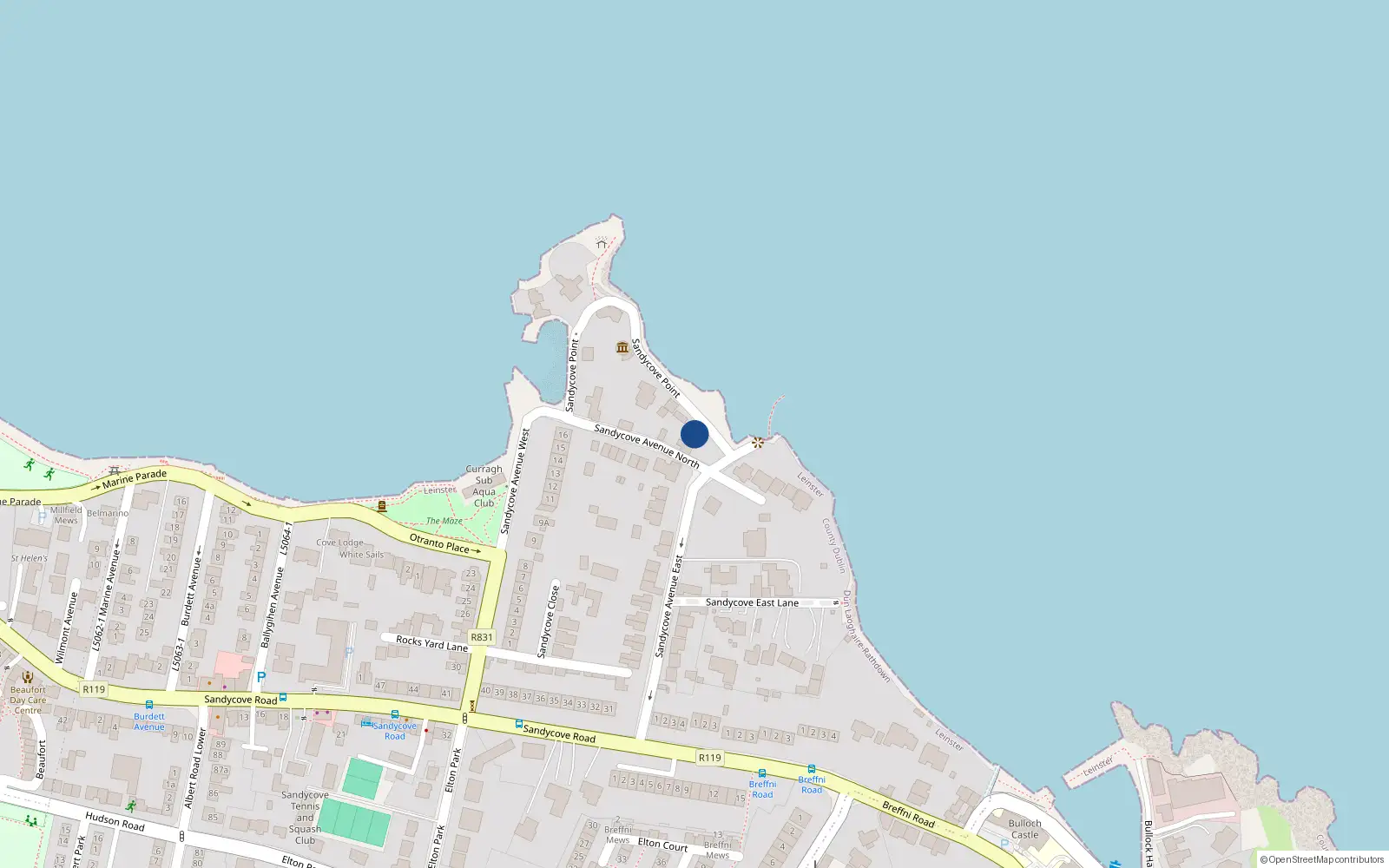 Overhead map showing the location of Sandycove Point, Sandycove