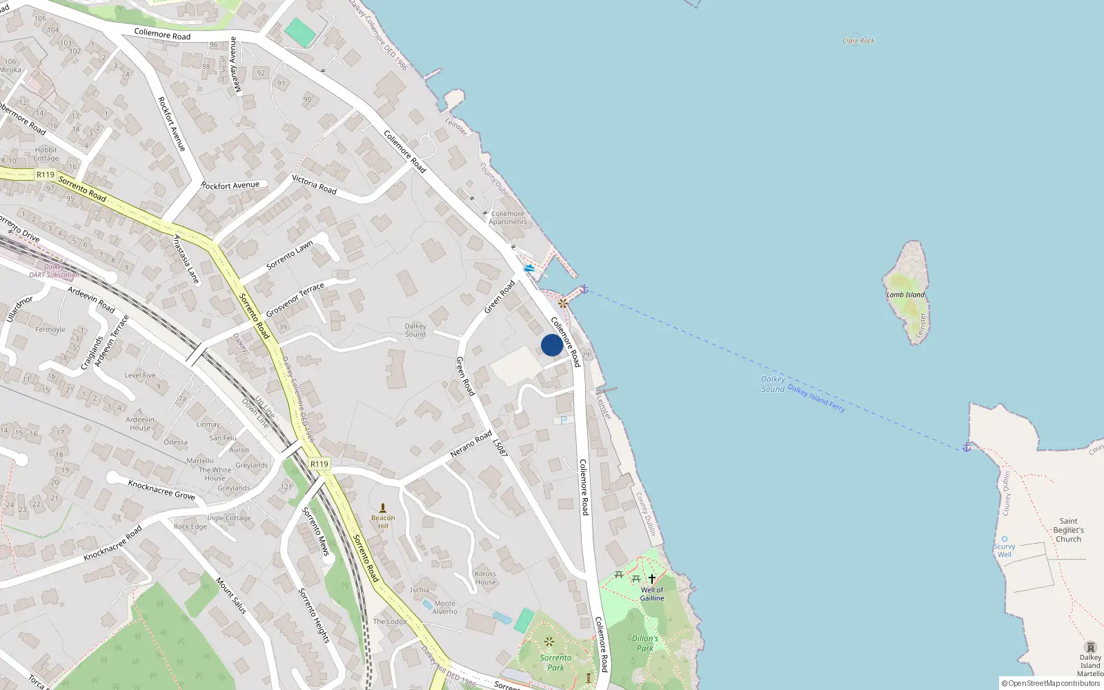 Overhead map showing the location of Coliemore Road, Dalkey