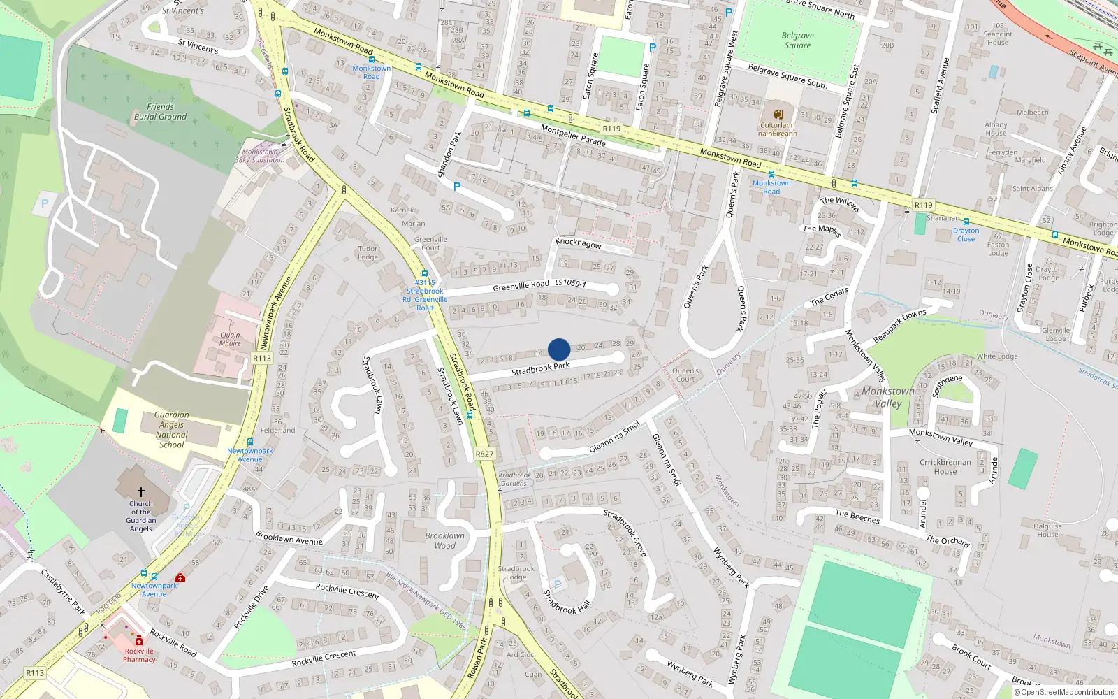 Overhead map showing the location of The Bungalow, 16A Stradbrook Park, Blackrock