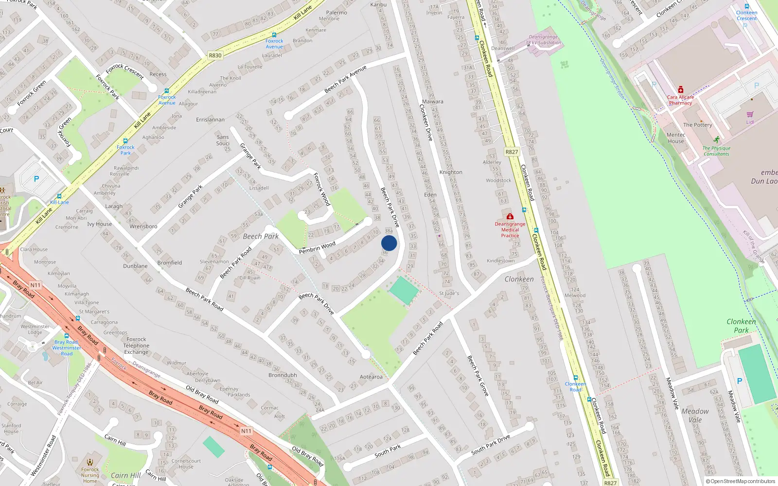 Overhead map showing the location of 36A Beech Park Drive, Dublin 18