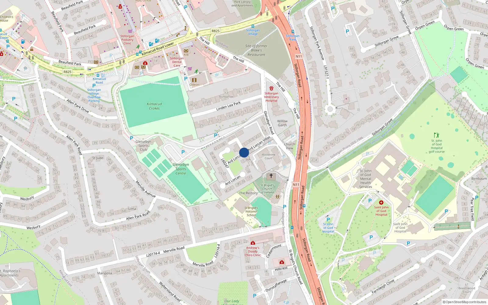 Overhead map showing the location of Árd Lorcain, Stillorgan