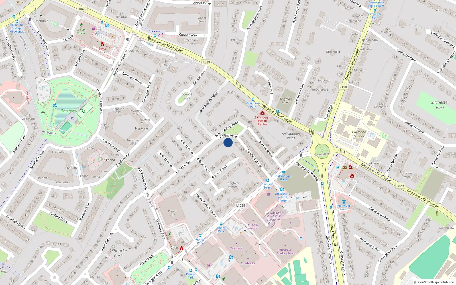 Overhead map showing the location of Honeypark, Dublin, Co. Dublin