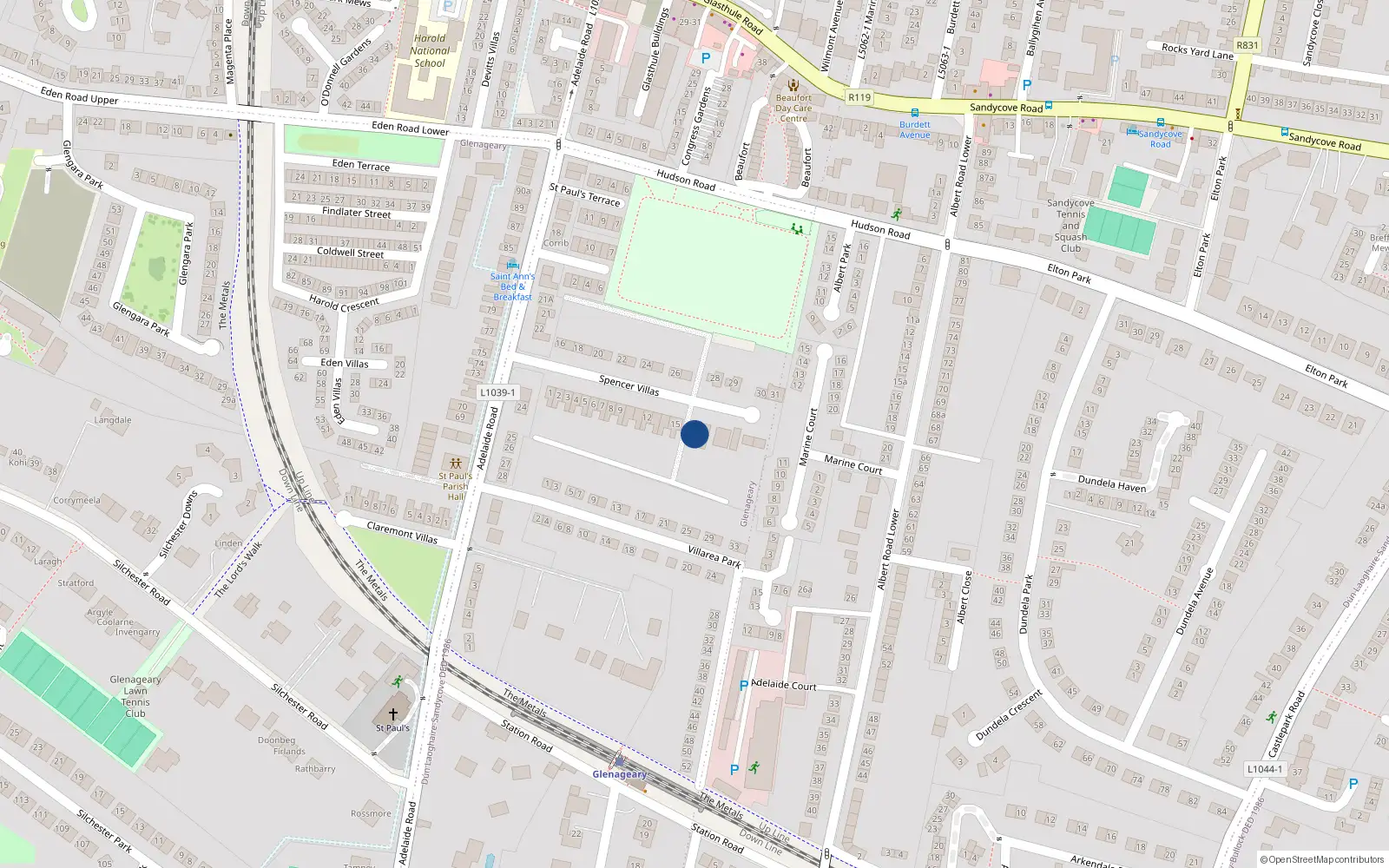 Overhead map showing the location of Spencer Villas, Glenageary