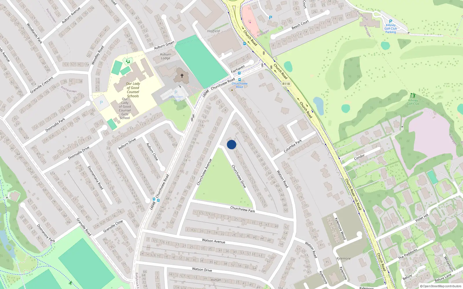 Overhead map showing the location of 3 Churchview Drive, Killiney