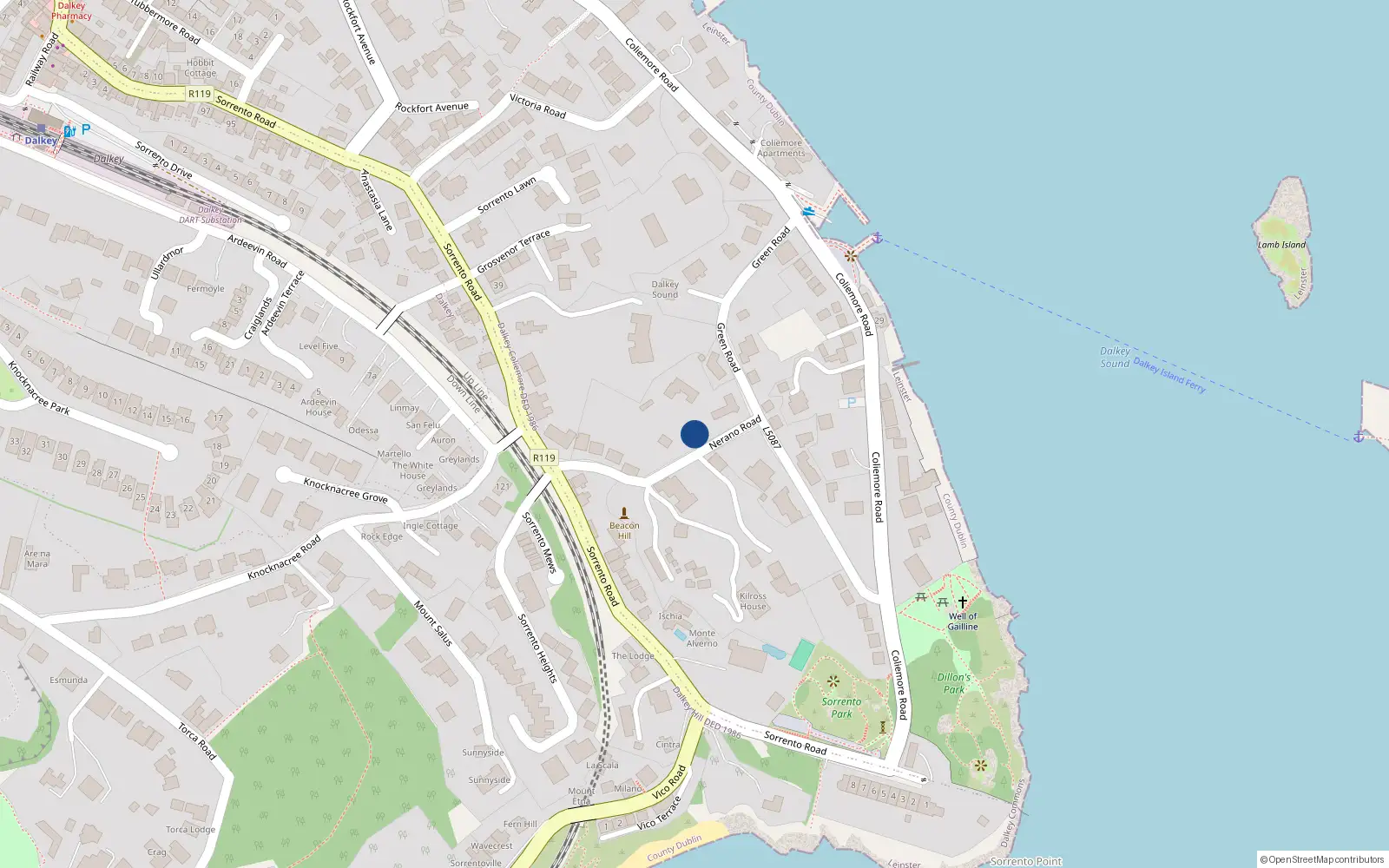 Overhead map showing the location of Nerano Road, Dalkey
