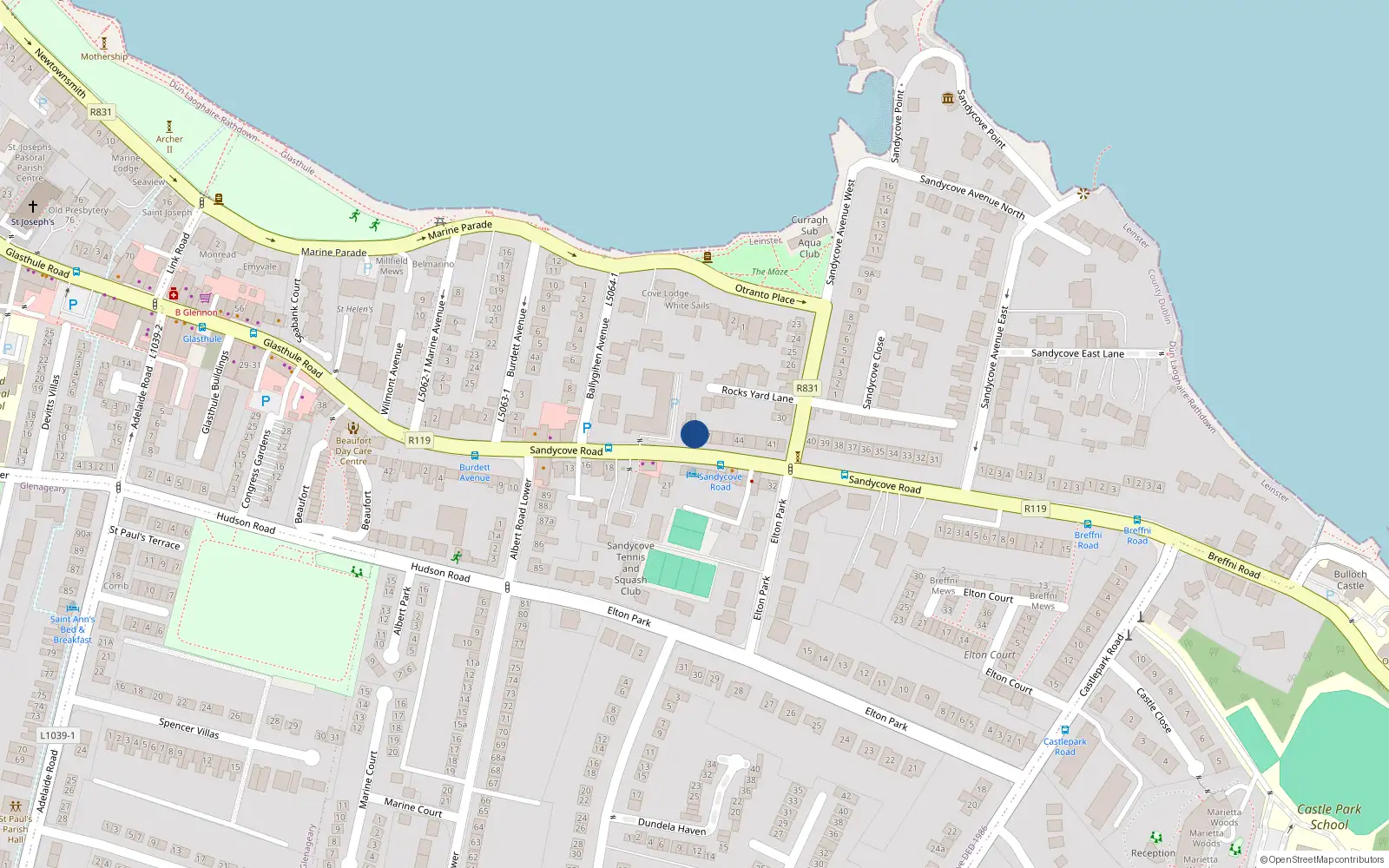 Overhead map showing the location of 47 Sandycove Road, Sandycove