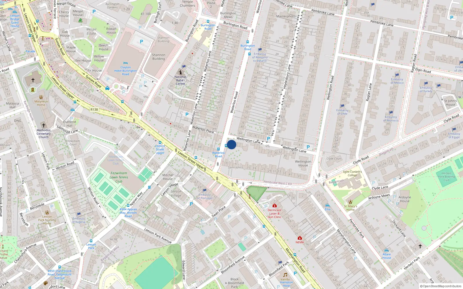 Overhead map showing the location of 5 Wellington Lane, Ballsbridge