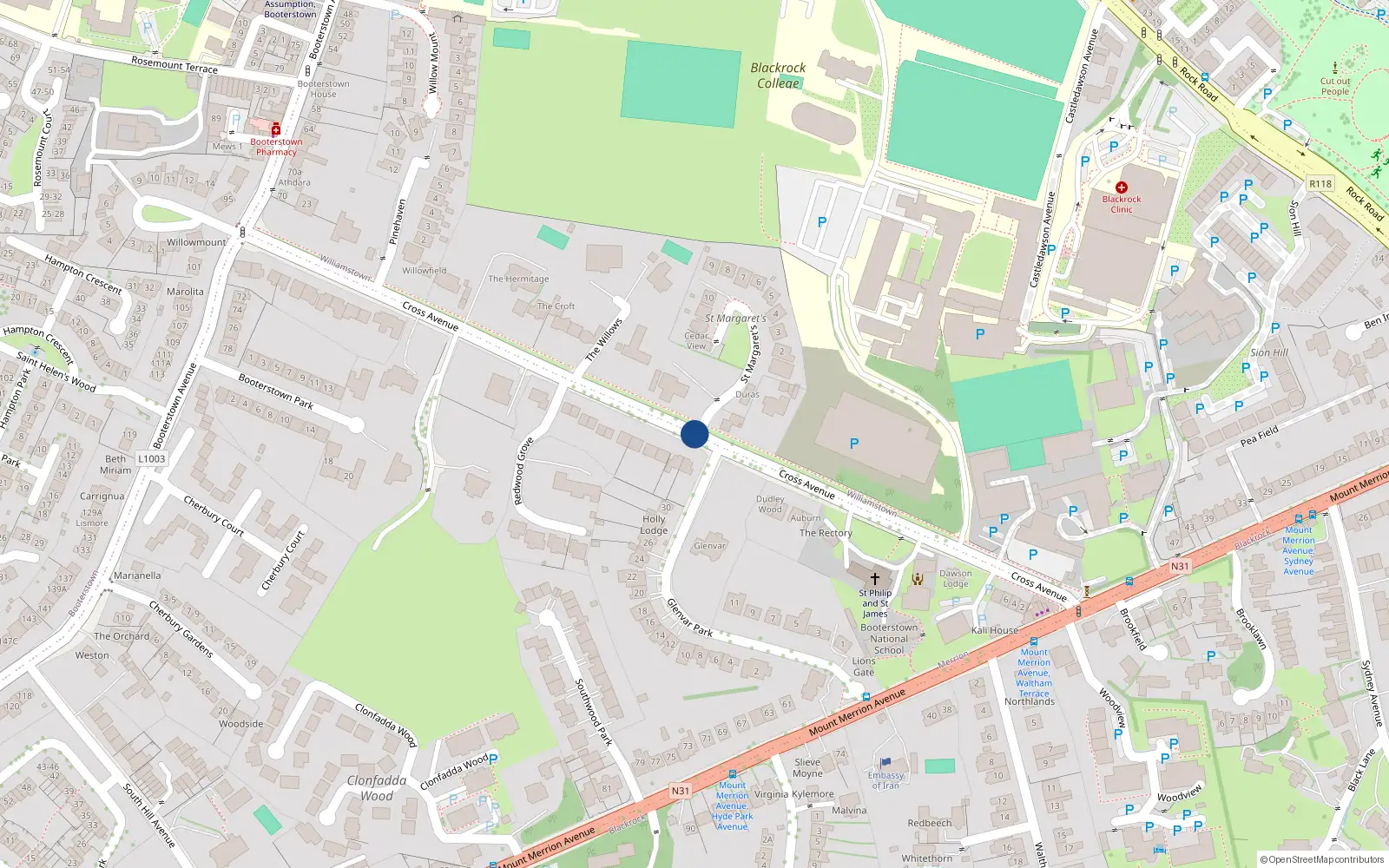 Overhead map showing the location of Cross Avenue, Blackrock