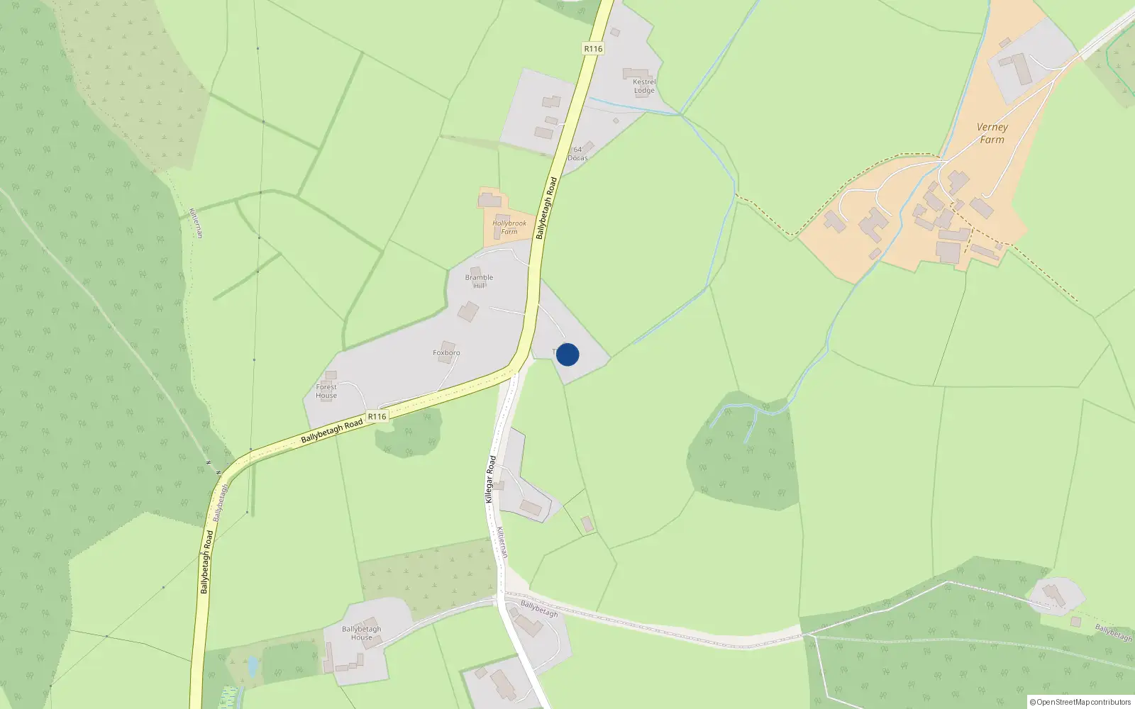 Overhead map showing the location of Ballybetagh Road, Kilternan