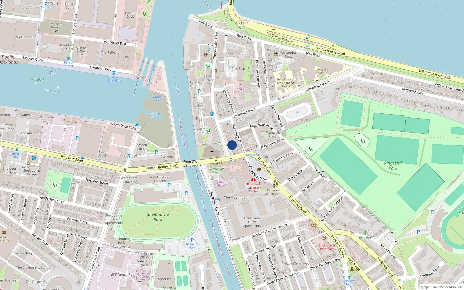 Overhead map showing the location of 8 Thorncastle Street, Ringsend