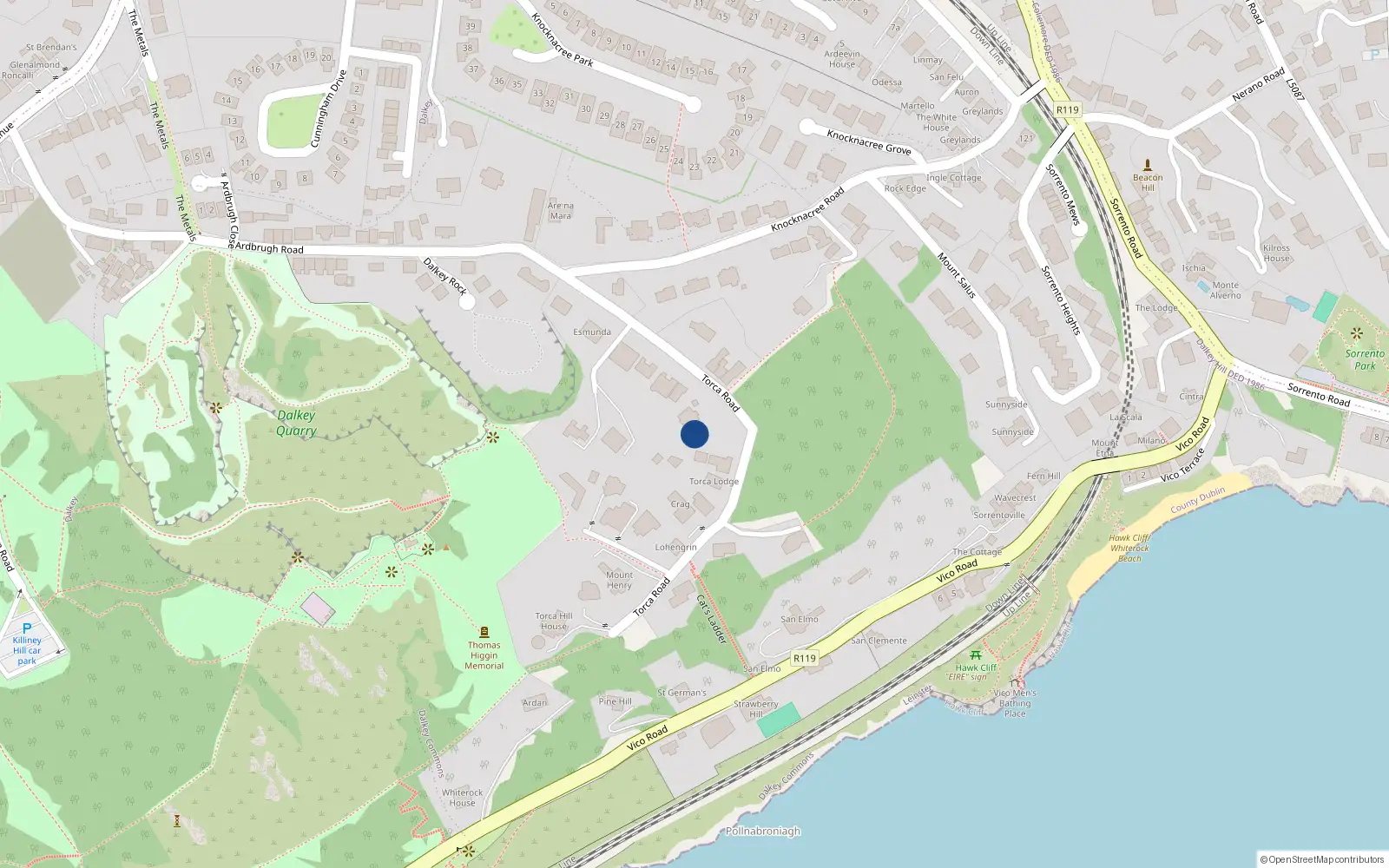 Overhead map showing the location of Torca Road, Dalkey