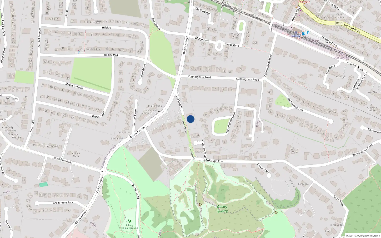 Overhead map showing the location of Dalkey Avenue, Dalkey