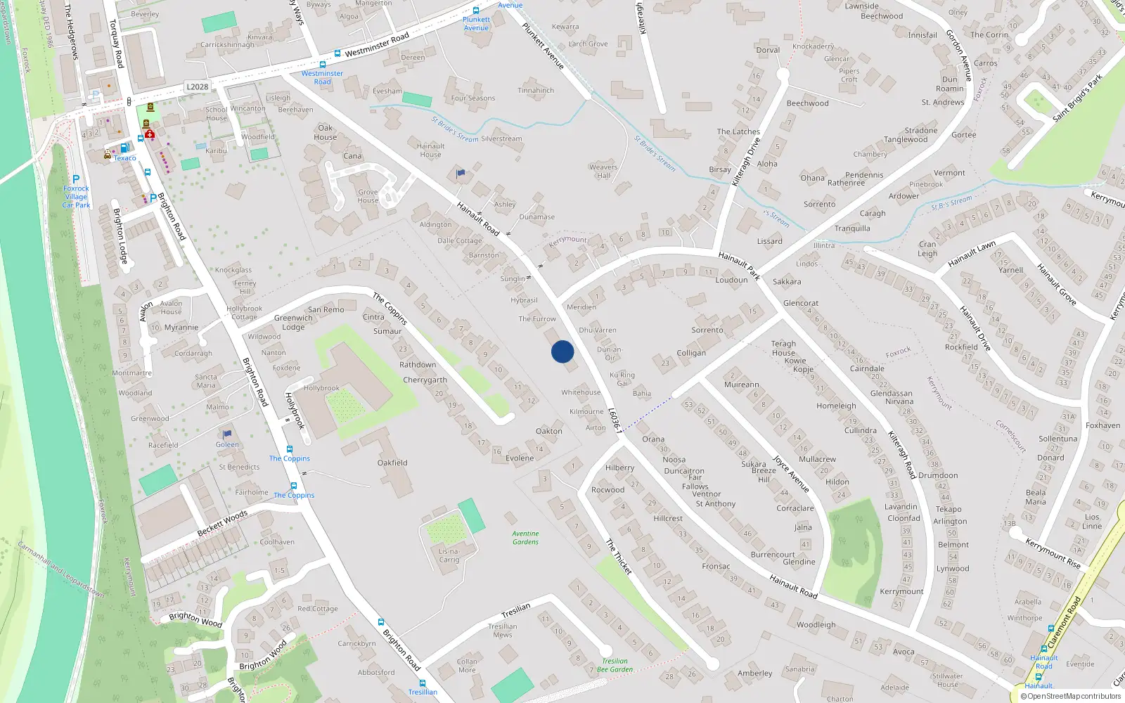 Overhead map showing the location of 5 Hainault Road, Foxrock