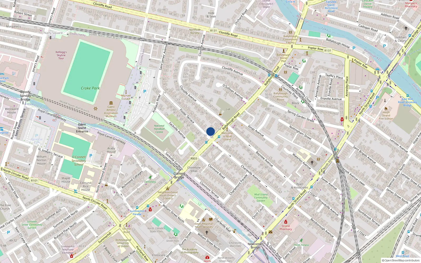 Overhead map showing the location of 14 Ballybough Road, Dublin 3