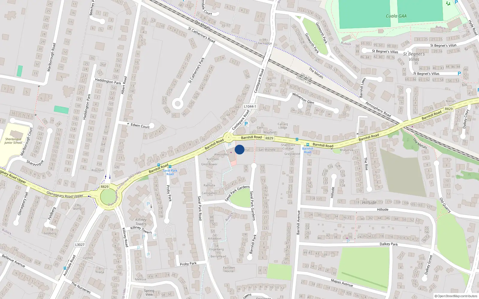 Overhead map showing the location of Barnhill Road, Dalkey