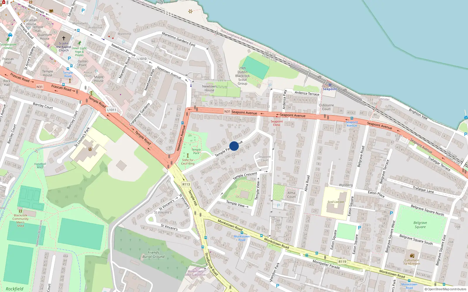 Overhead map showing the location of Temple Park Avenue, Blackrock