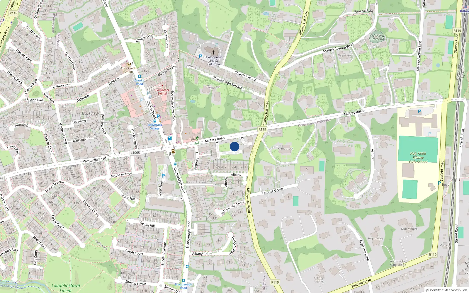 Overhead map showing the location of The Gate Lodge Ballybrack House, Military Road, Killiney