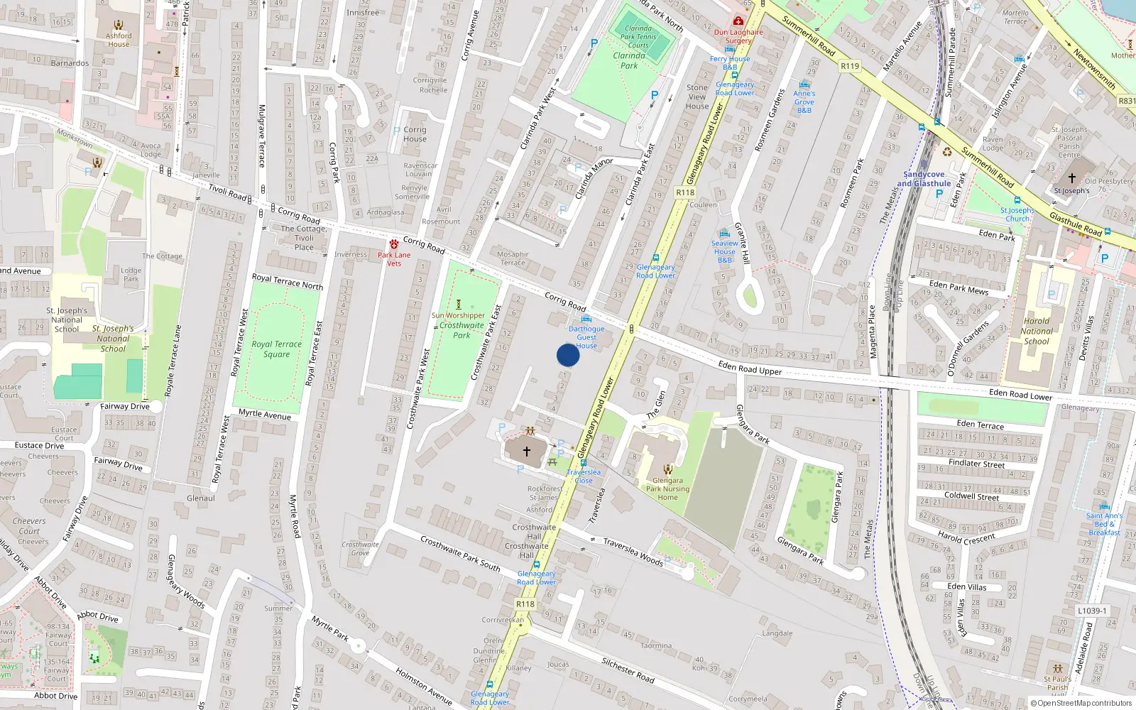 Overhead map showing the location of Glenageary Road Lower, Glenageary