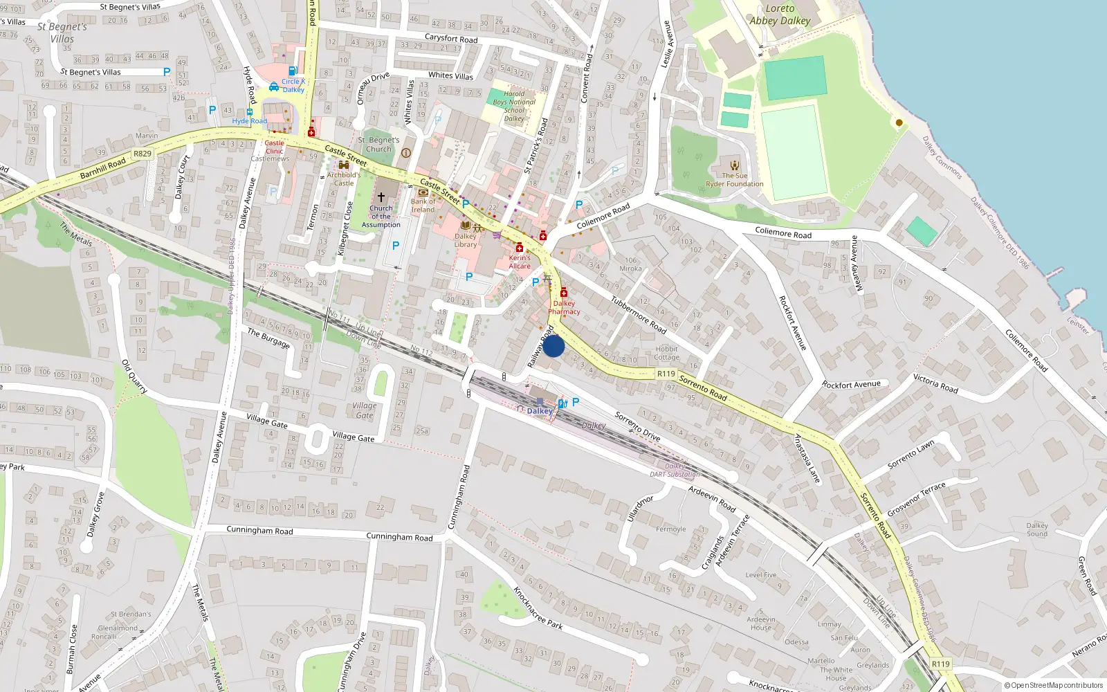 Overhead map showing the location of 7 Railway Road, Dalkey