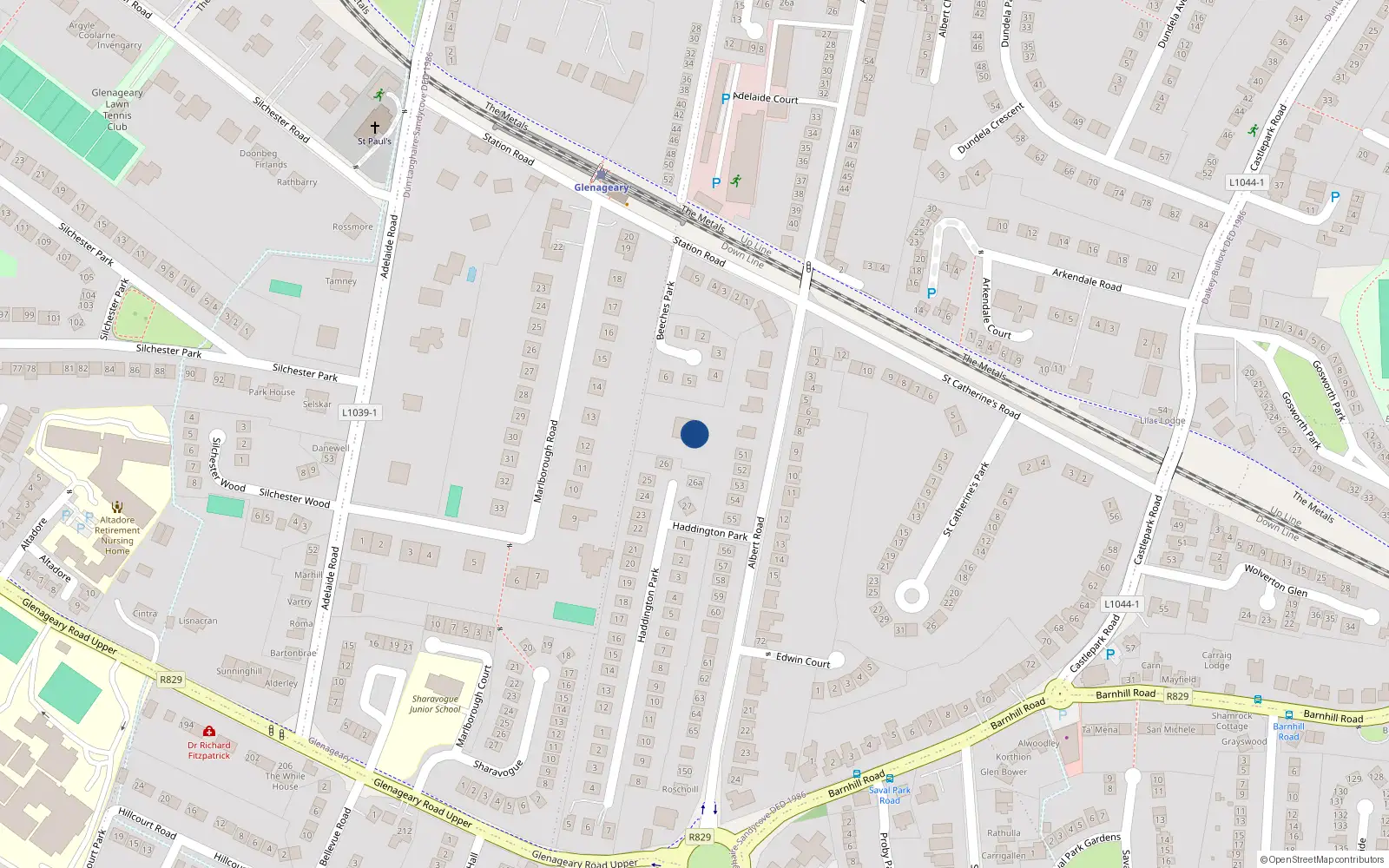 Overhead map showing the location of 50 Albert Road Upper, Glenageary