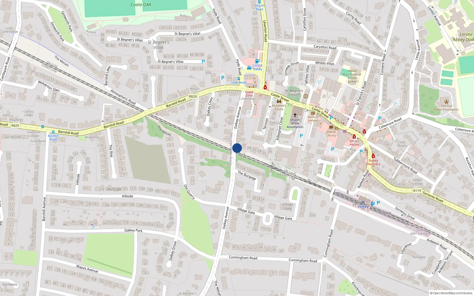 Overhead map showing the location of The Laurels, 9 Dalkey Avenue, Dalkey