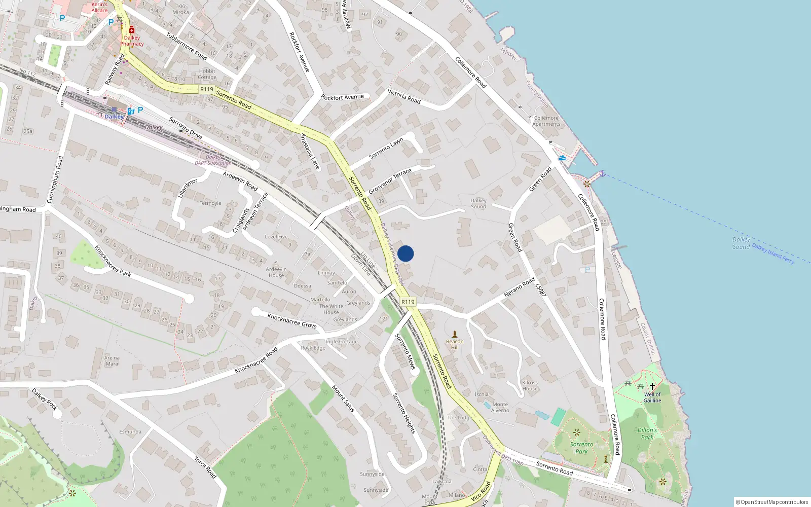 Overhead map showing the location of 42 Sorrento Road, Dalkey