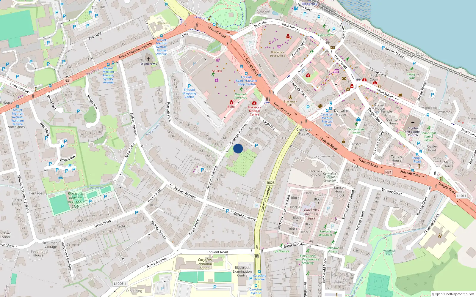 Overhead map showing the location of The Meeting Hall, 73 Georges Avenue, Blackrock