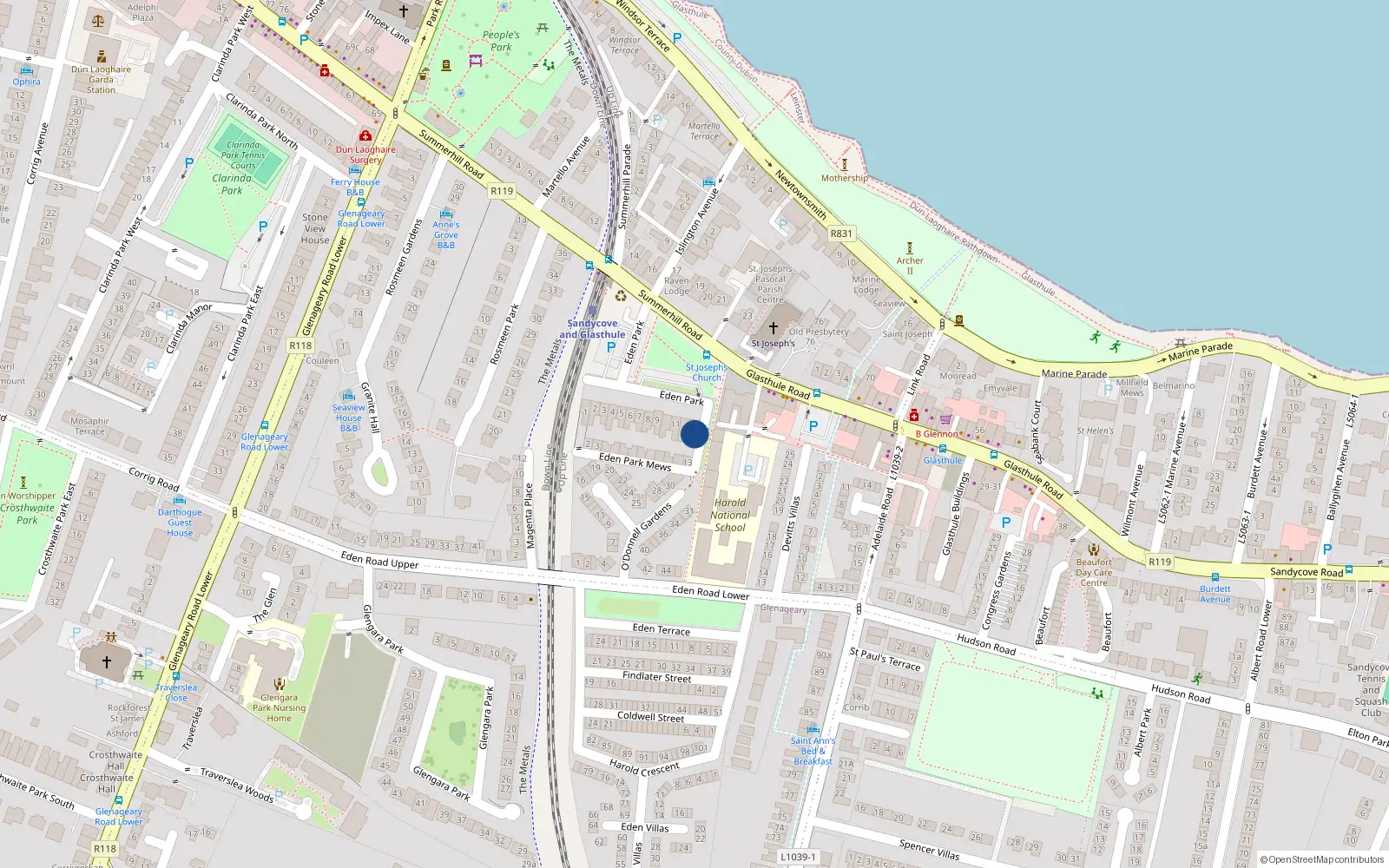 Overhead map showing the location of 13 Eden Park, Sandycove