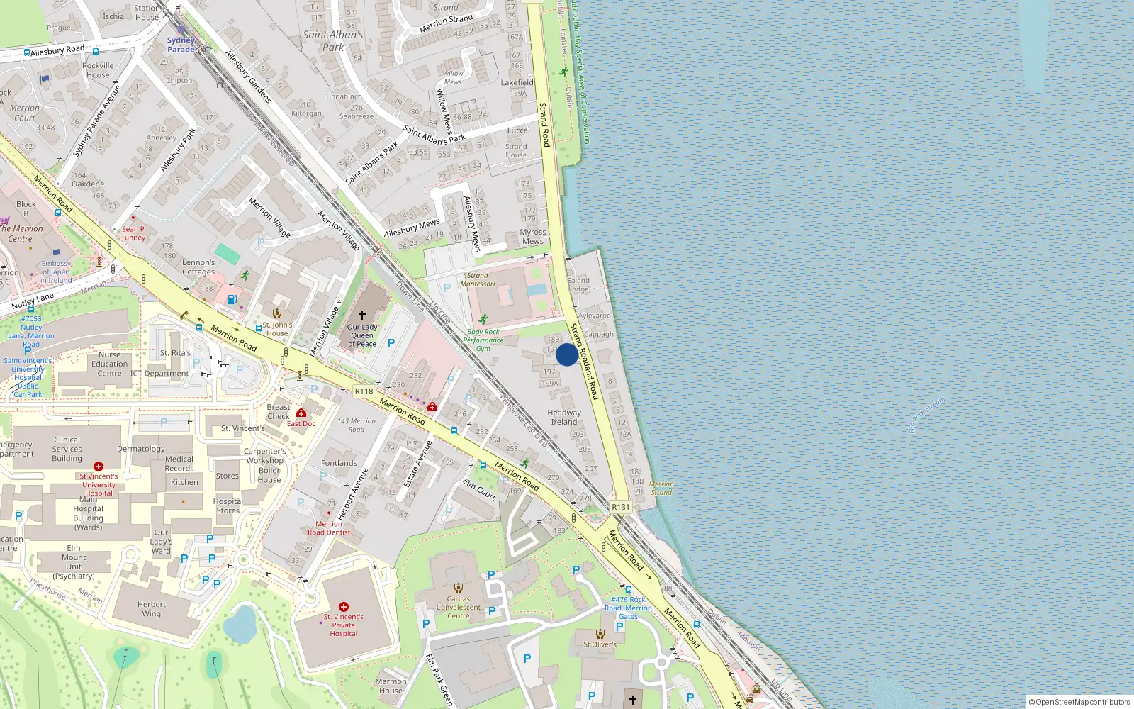 Overhead map showing the location of 195 Strand Road, Sandymount