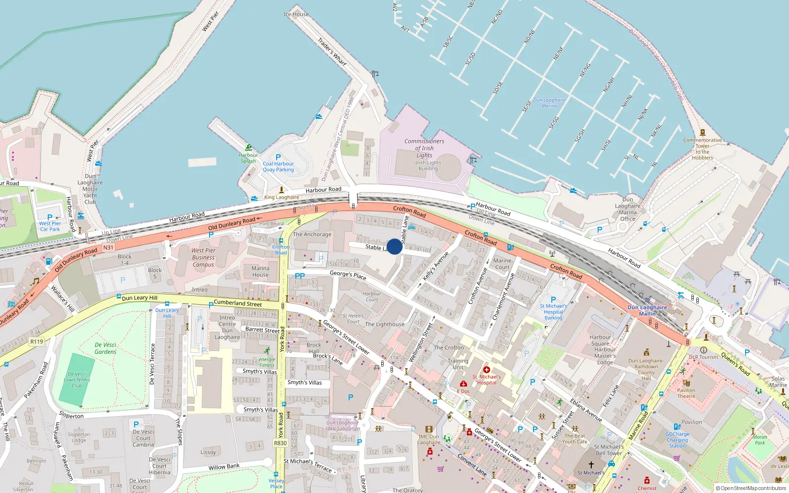Overhead map showing the location of The Mews, 7 Crofton Terrace, Dun Laoghaire