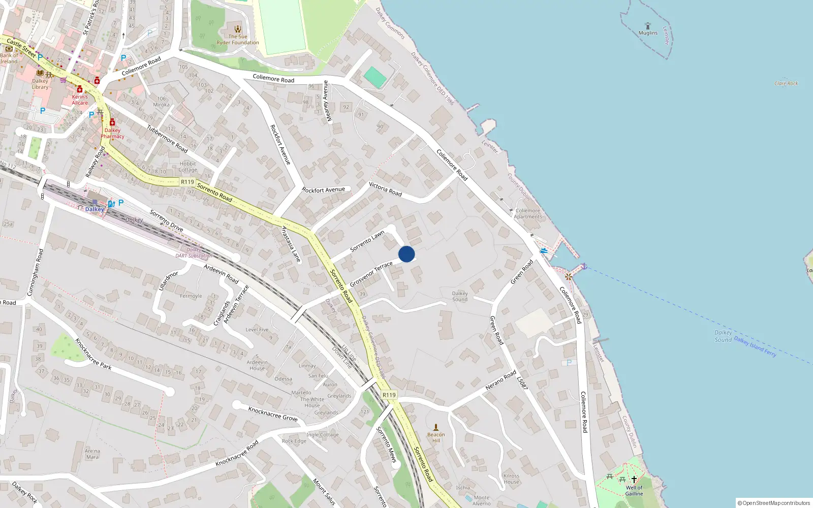 Overhead map showing the location of Grosvenor Terrace, Dalkey