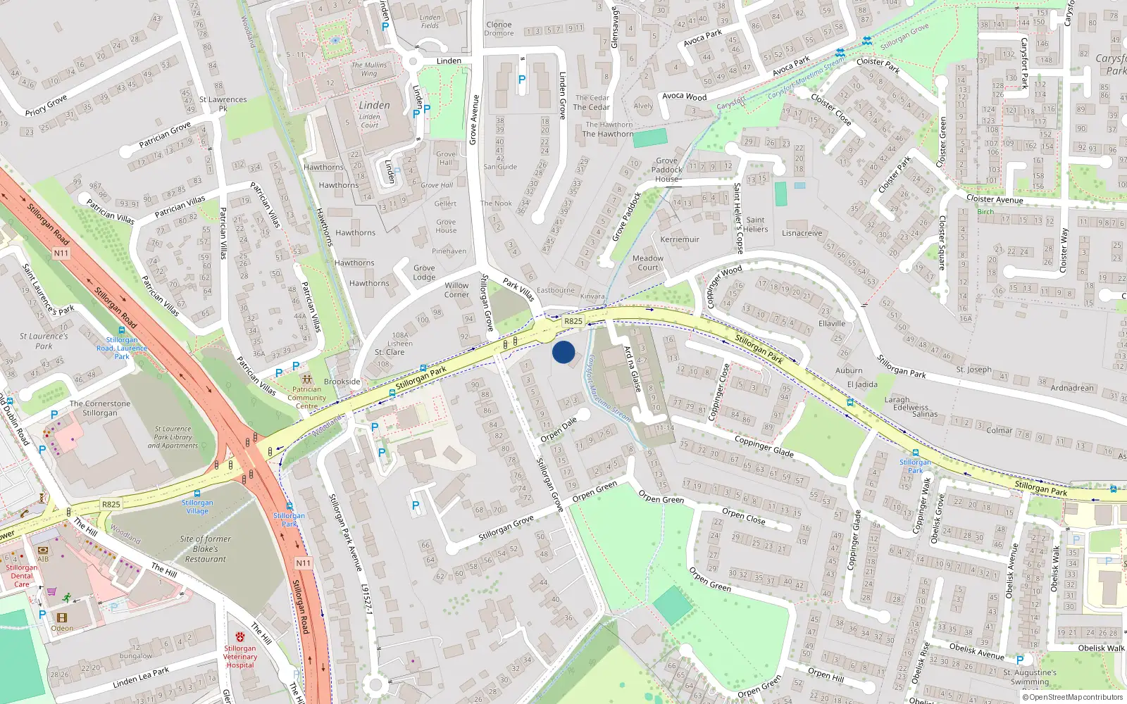 Overhead map showing the location of Stillorgan Park Road, Blackrock