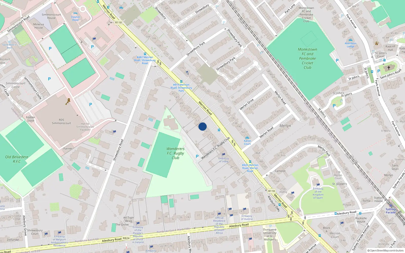 Overhead map showing the location of 59 Merrion Road, Ballsbridge