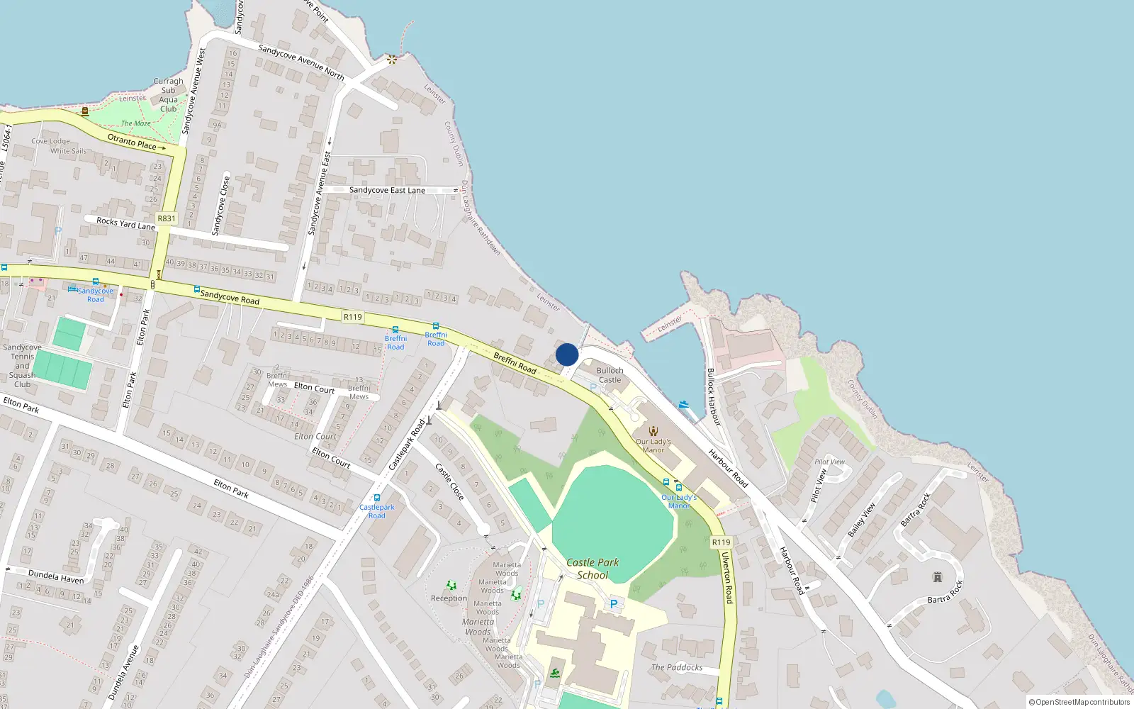 Overhead map showing the location of Bullock, Dublin, Co. Dublin