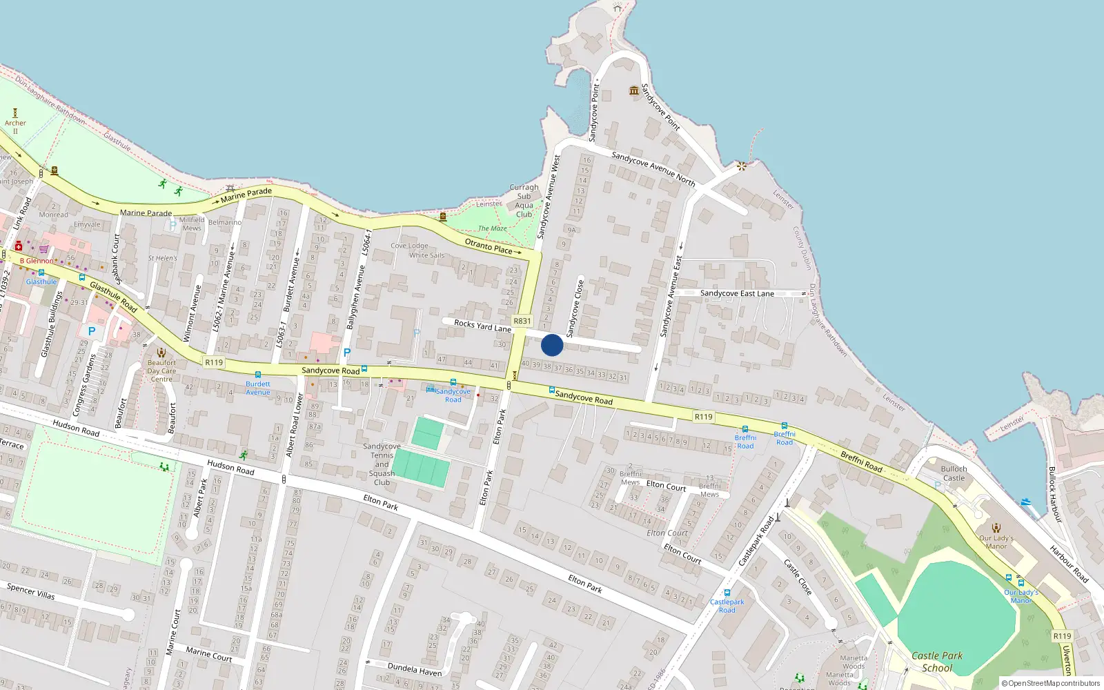 Overhead map showing the location of Sandycove Close, Sandycove