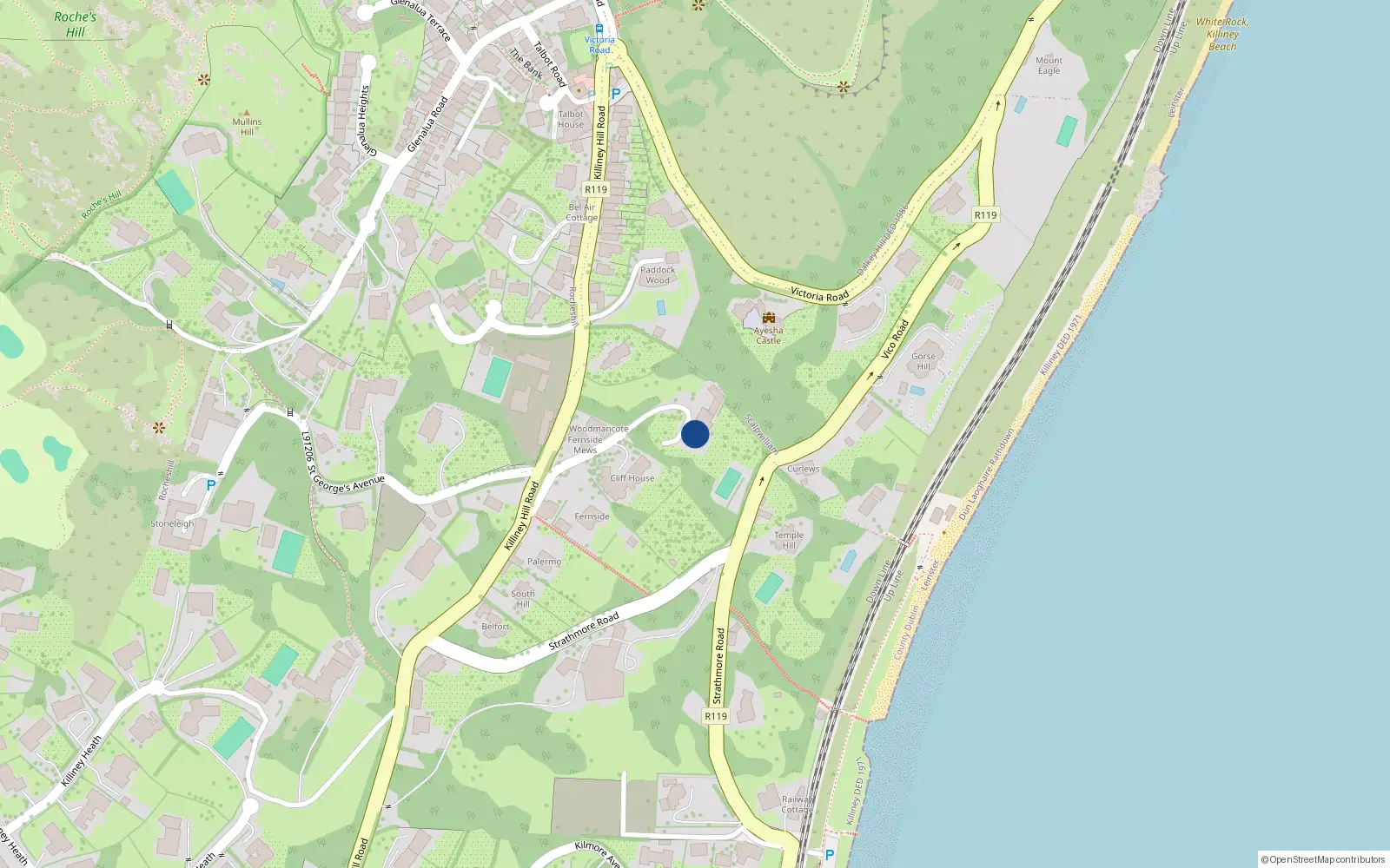 Overhead map showing the location of Killiney Hill Road, Killiney
