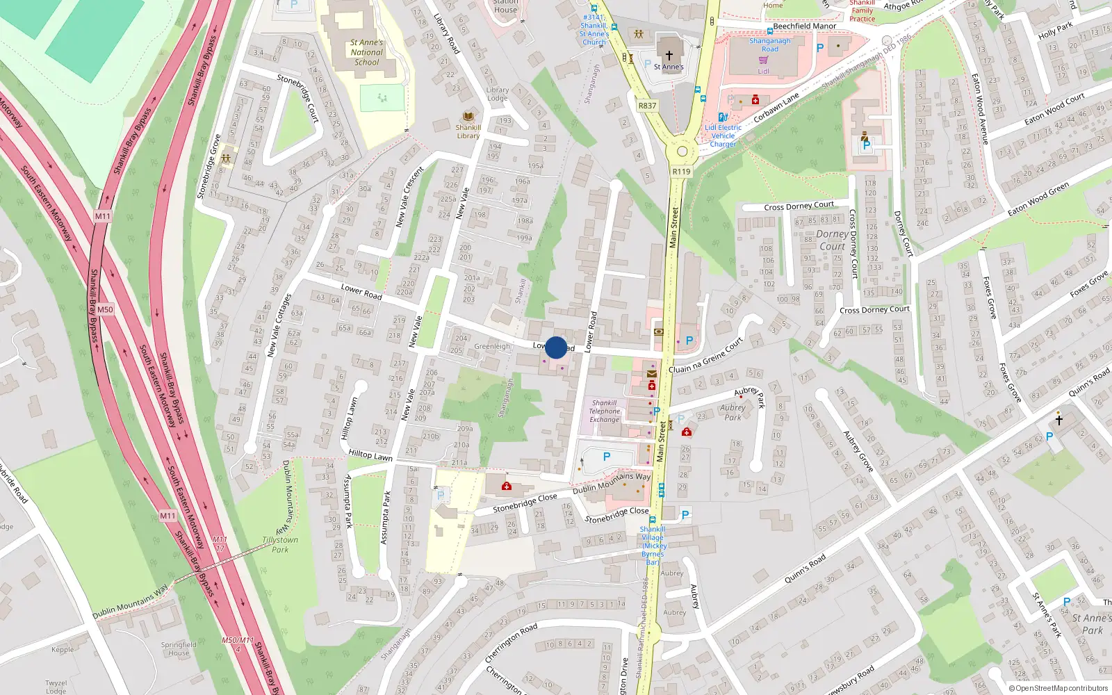 Overhead map showing the location of Lower Road, Shankill