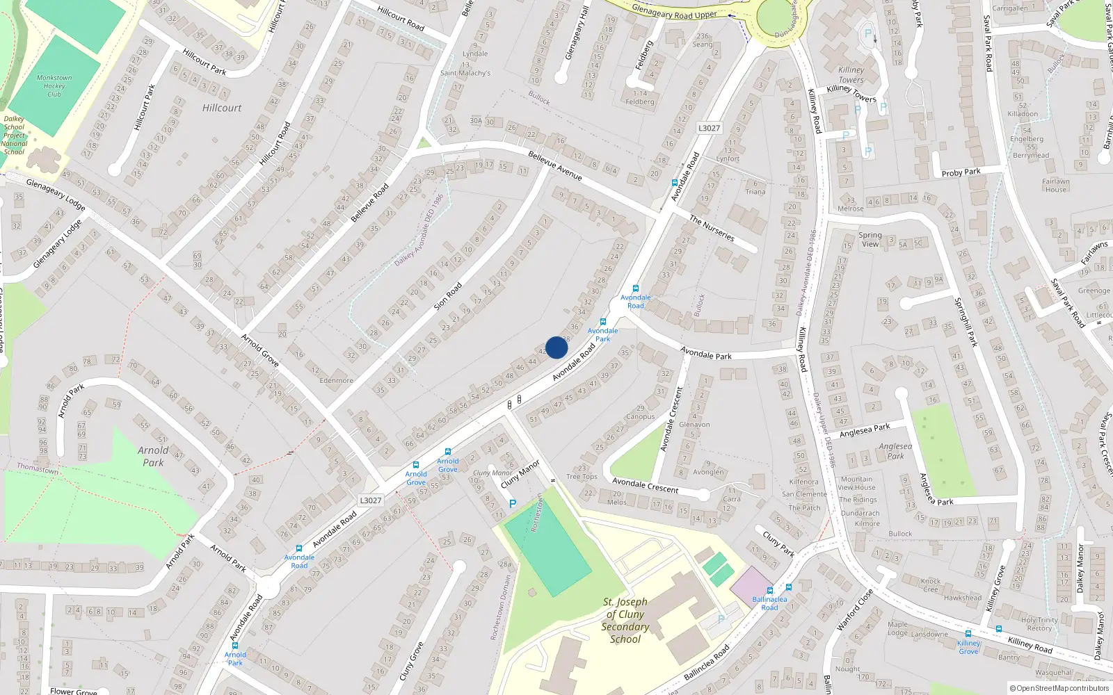 Overhead map showing the location of 42 Avondale Road, Killiney