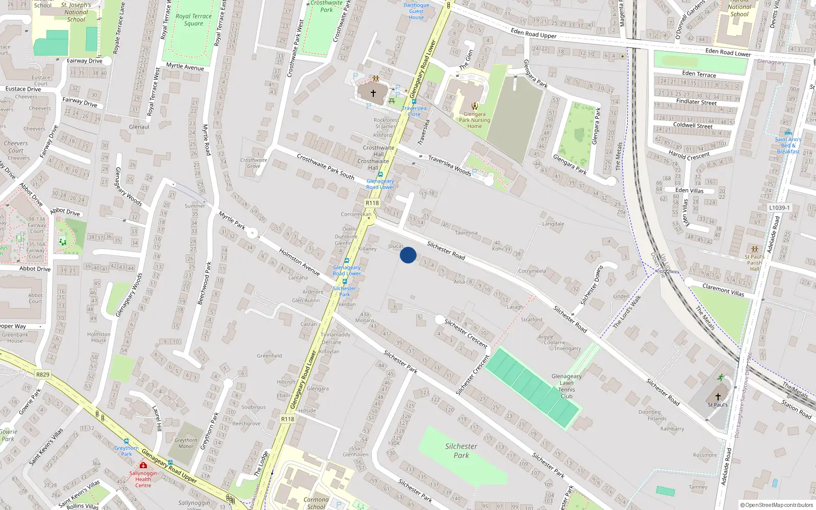 Overhead map showing the location of Silchester Road, Glenageary