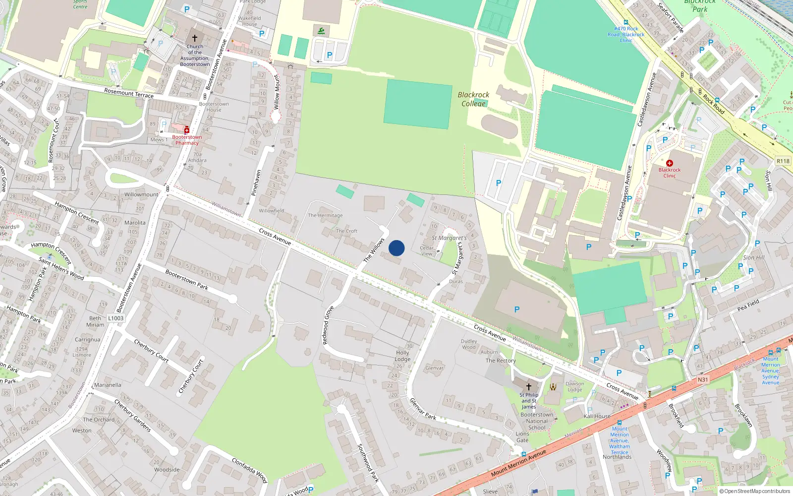 Overhead map showing the location of Cross Avenue, Blackrock