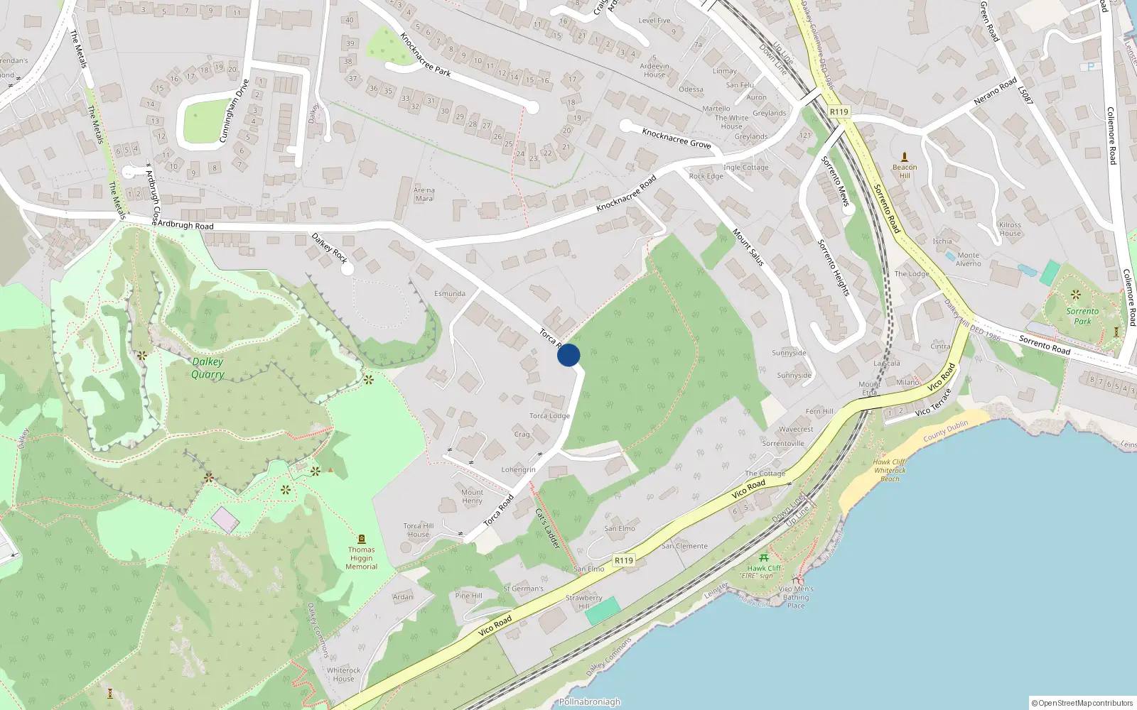Overhead map showing the location of Torca Road, Dalkey