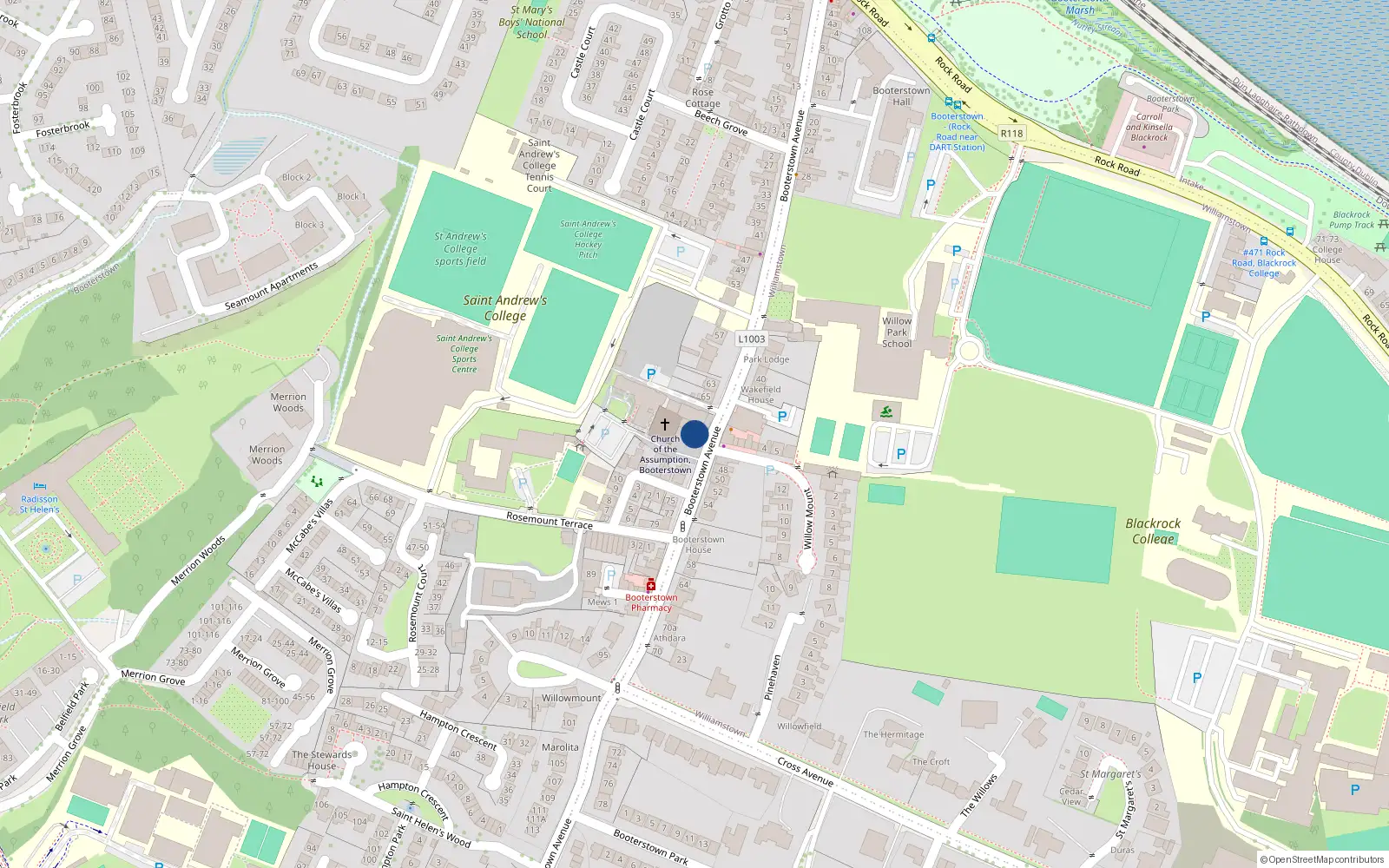 Overhead map showing the location of 69 Booterstown Avenue, Blackrock