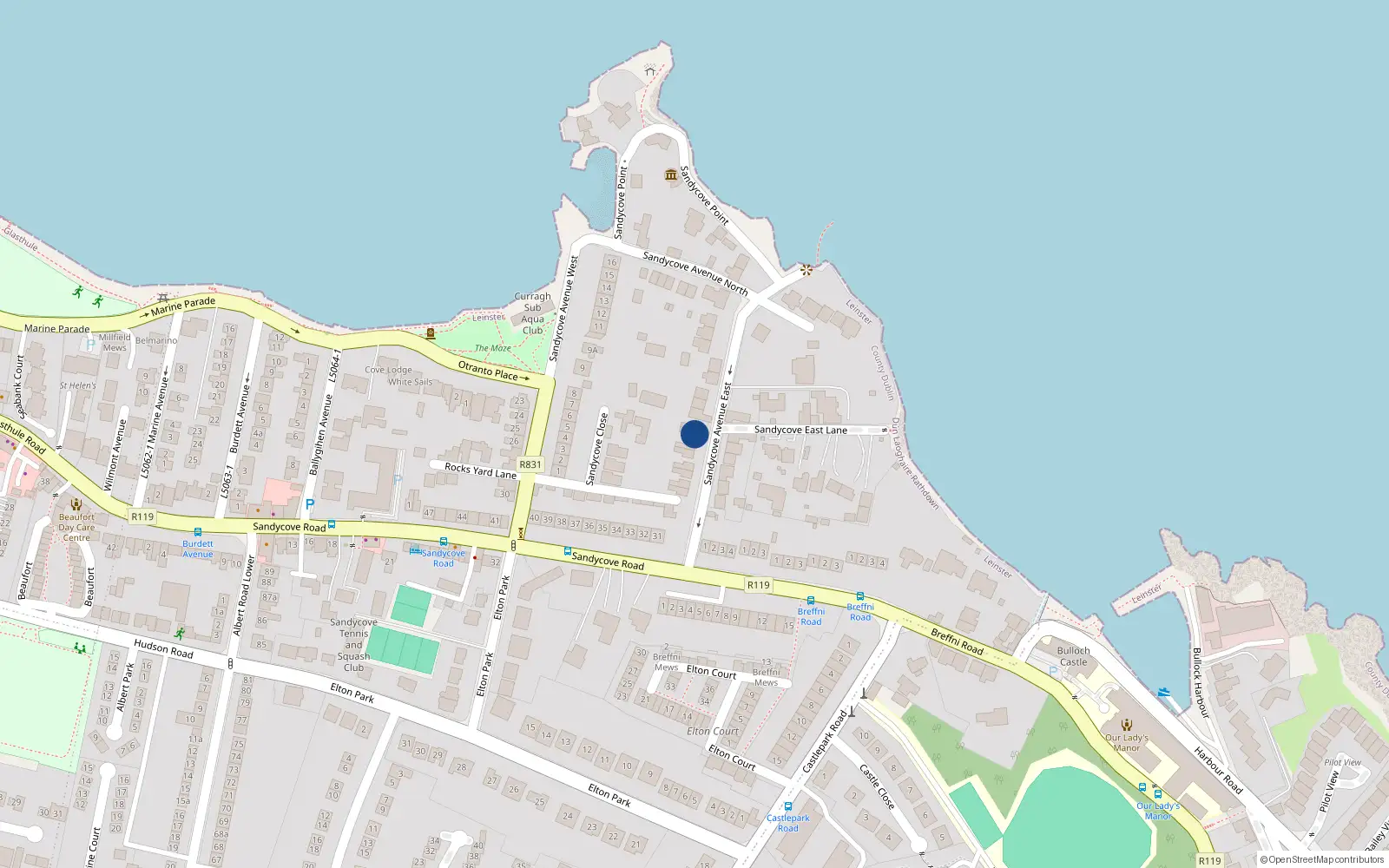 Overhead map showing the location of 15C Sandycove Avenue East, Sandycove