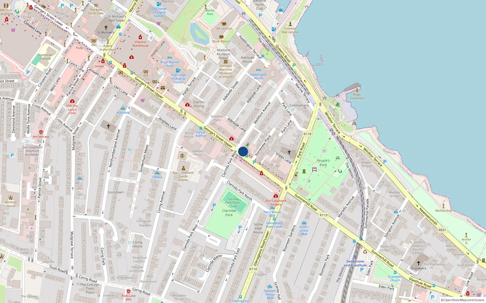 Overhead map showing the location of 76a George's Street Upper, Dunlaoghaire