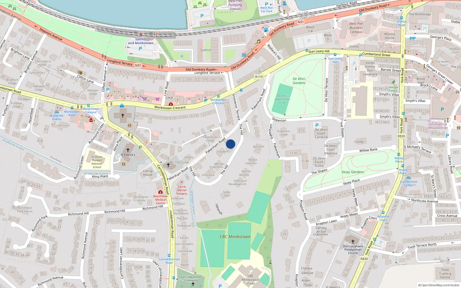 Overhead map showing the location of Pakenham Road, Monkstown