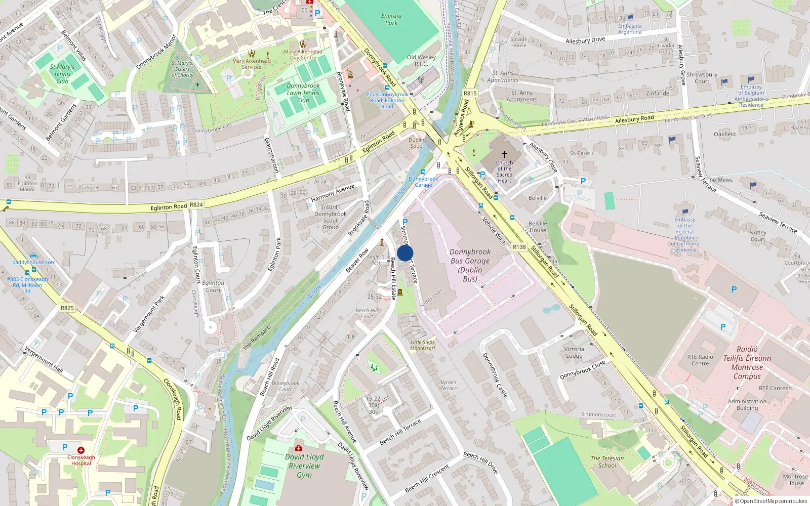 Overhead map showing the location of The Villa, Simmonscourt Terrace, Donnybrook Dublin 4