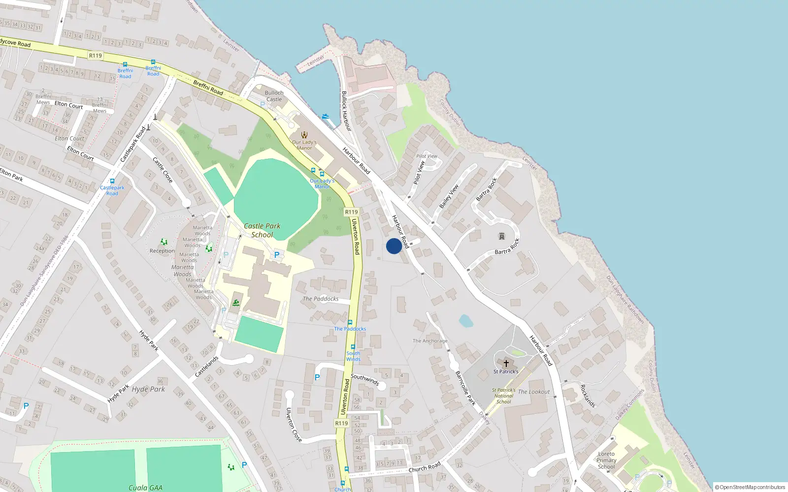 Overhead map showing the location of Harbour Road, Dalkey