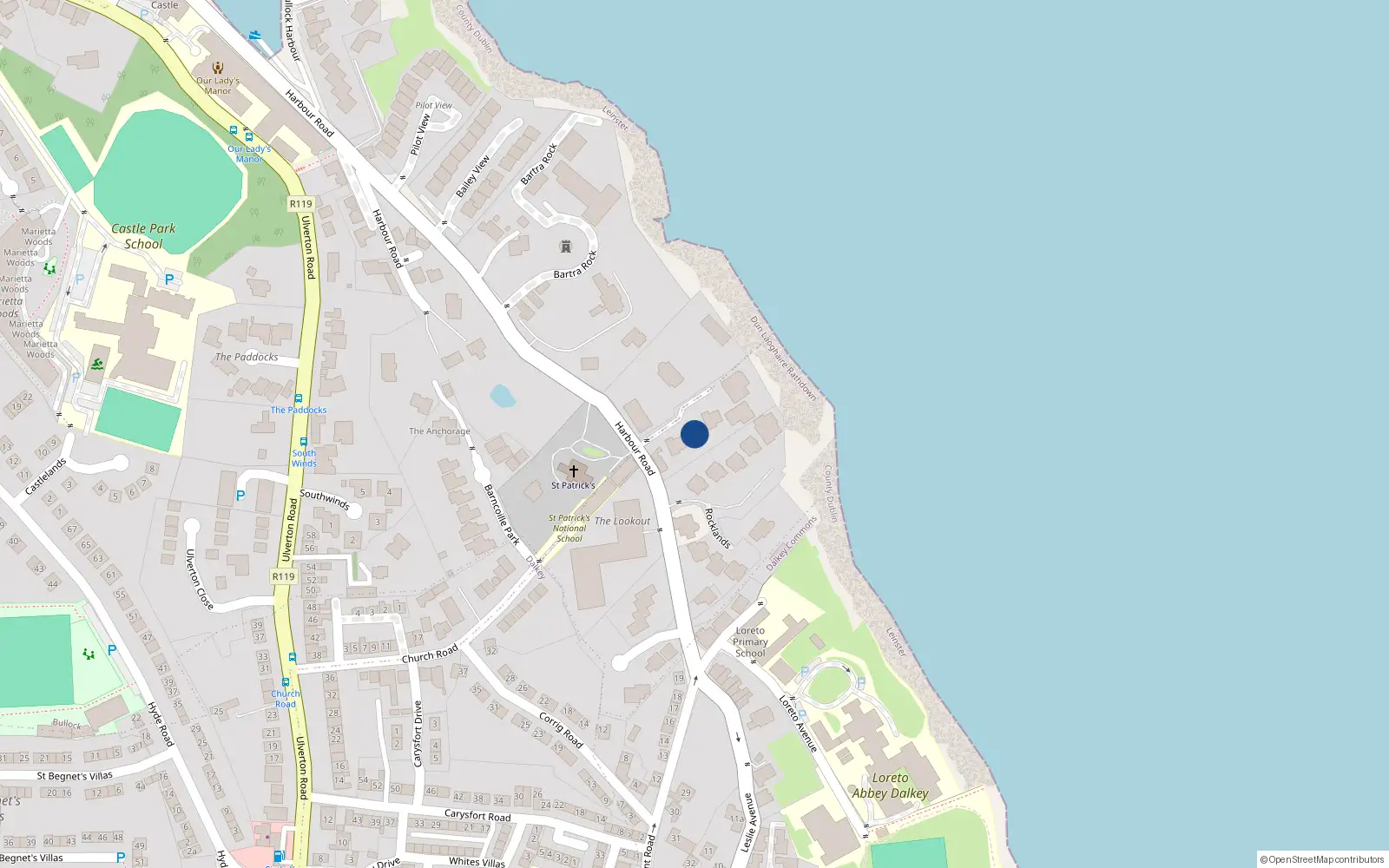 Overhead map showing the location of Bullock, Dublin, Co. Dublin