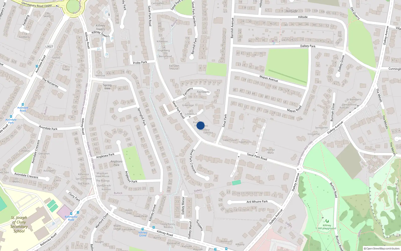 Overhead map showing the location of Saval Park Road, Dalkey